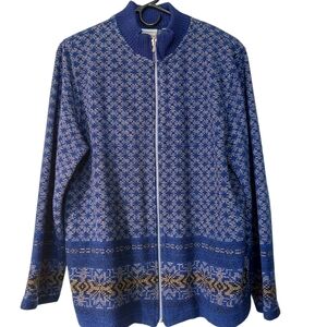 Napa Valley Vintage Blue Patterned Zip-Up Sweater L EUC Scandi Look Apres Ski